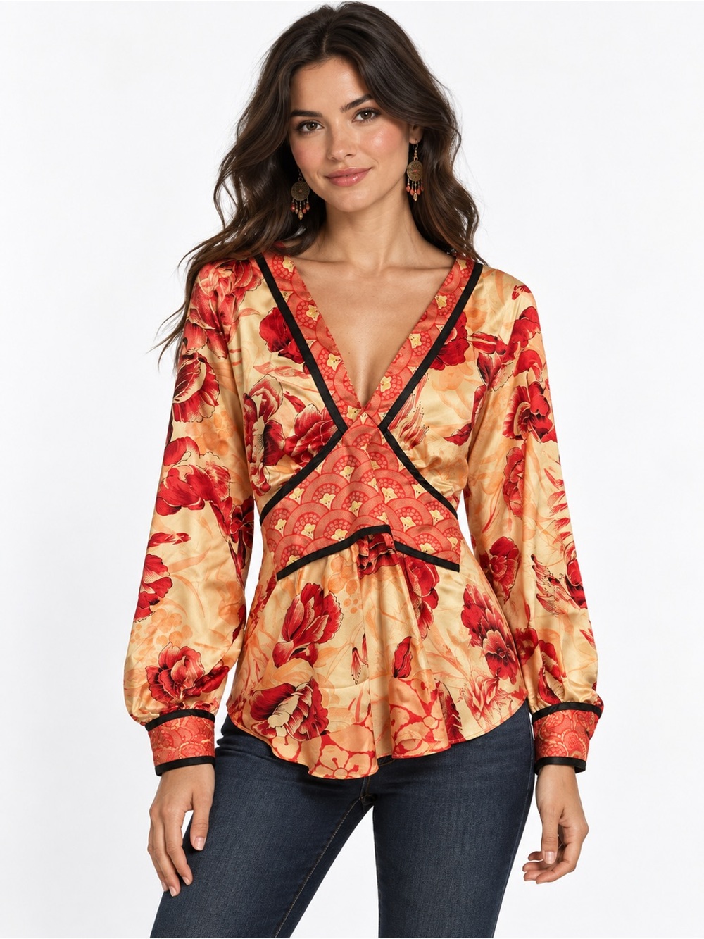 Plenty by Tracy Reese Red and Gold Floral V-Neck Peplum Blouse